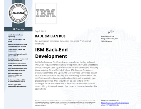 IBM Back-End Development Professional Certificate — coursera certificate