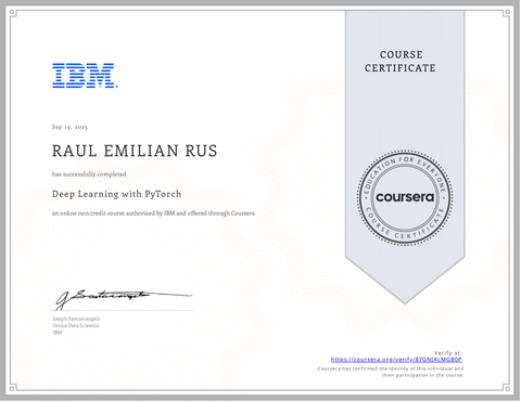 Deep Learning with PyTorch — coursera certificate