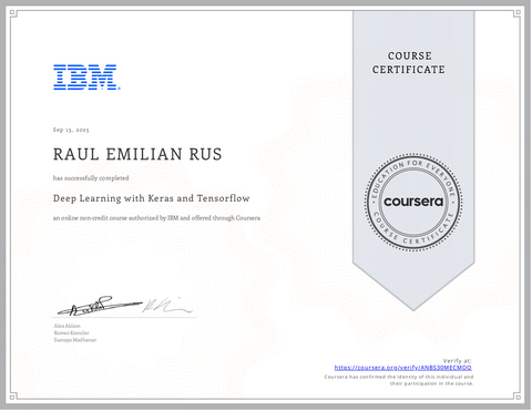 Deep Learning with Keras and Tensorflow — coursera certificate