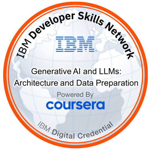 Generative AI and LLMs: Architecture and Data Preparation — credly badge