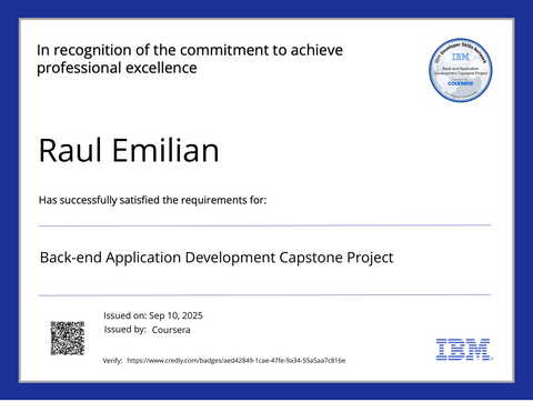Back-end Application Development Capstone Project — credly certificate