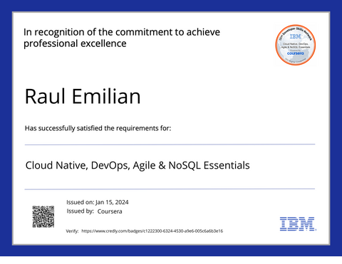 Cloud Native, DevOps, Agile & NoSQL Essentials — credly certificate