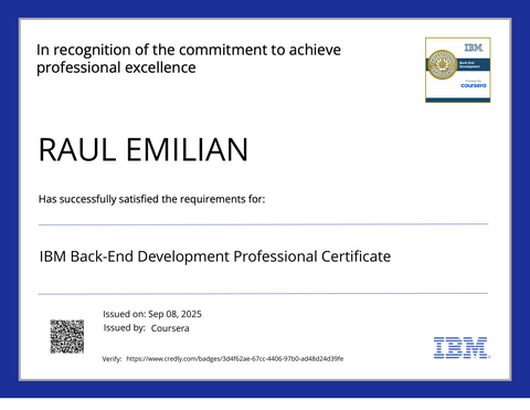 IBM Back-End Development Professional Certificate — credly certificate
