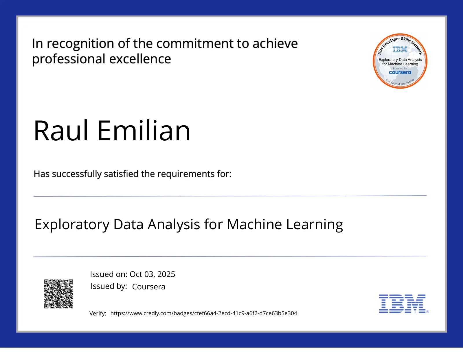 Exploratory Data Analysis for Machine Learning — credly certificate
