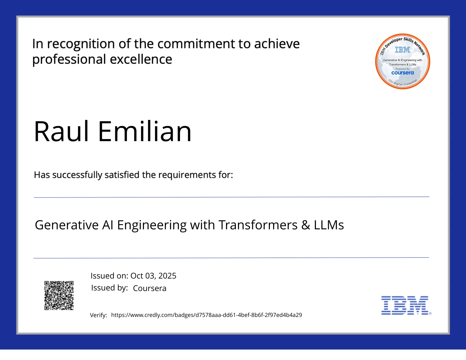 Generative AI Engineering with Transformers & LLMs — credly certificate
