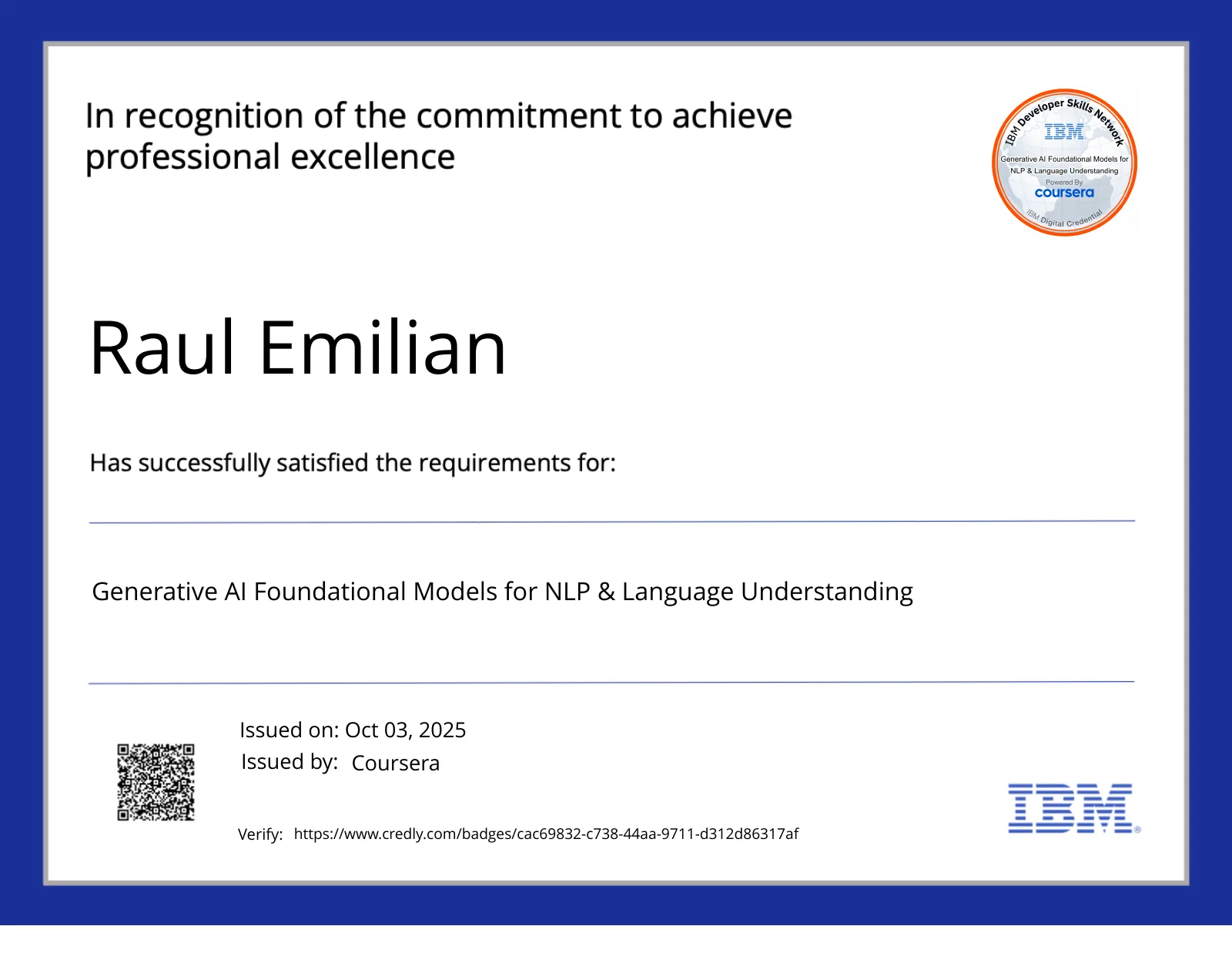 Generative AI Foundational Models for NLP & Language Understanding — credly certificate