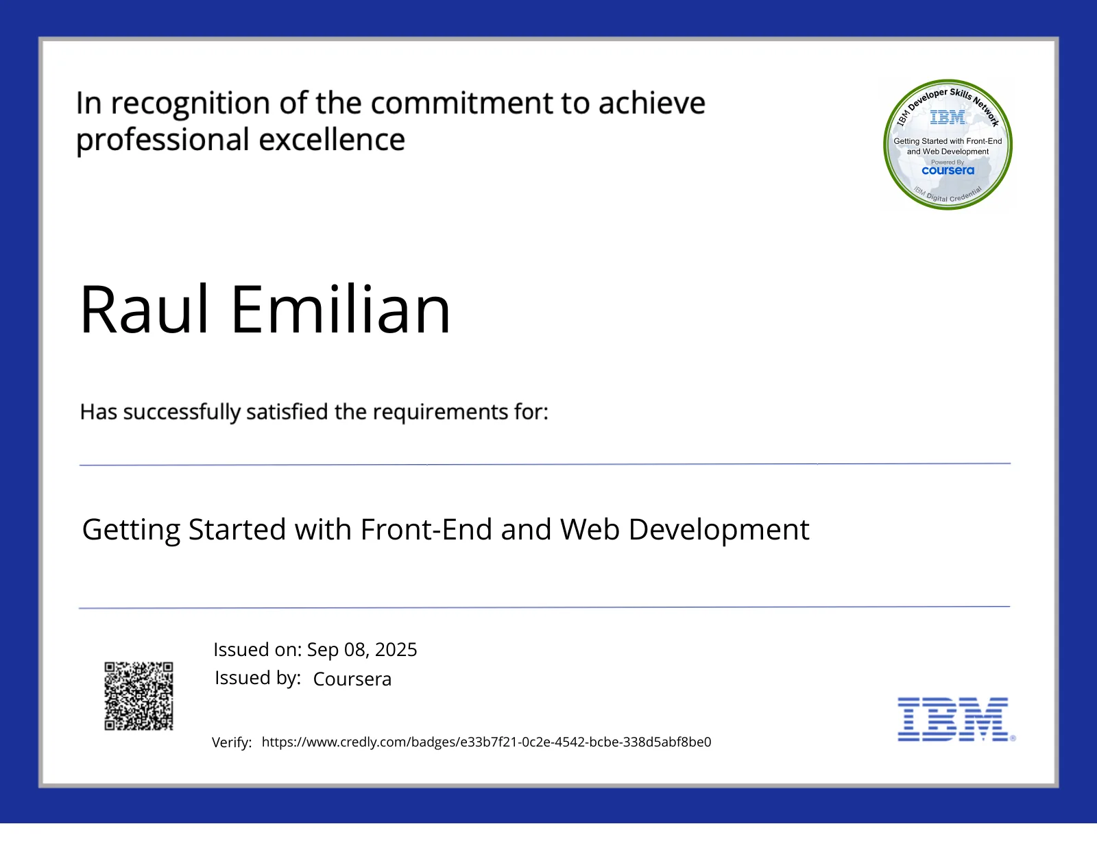 Getting Started with Front-End and Web Development — credly certificate