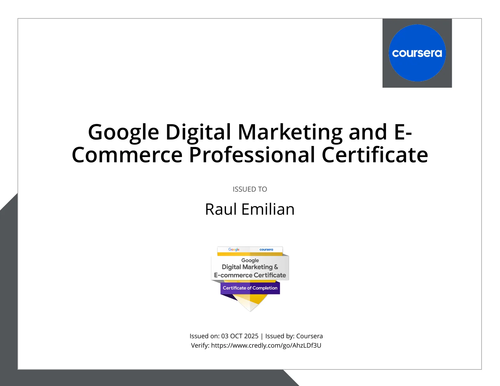 Google Digital Marketing and E-Commerce Professional Certificate — credly certificate