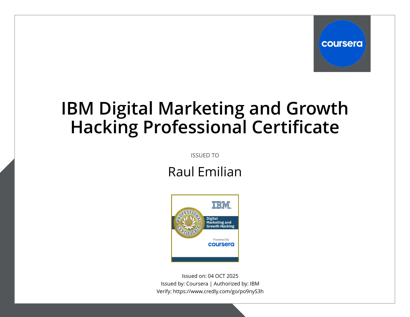 IBM Digital Marketing and Growth Hacking Professional Certificate — credly certificate