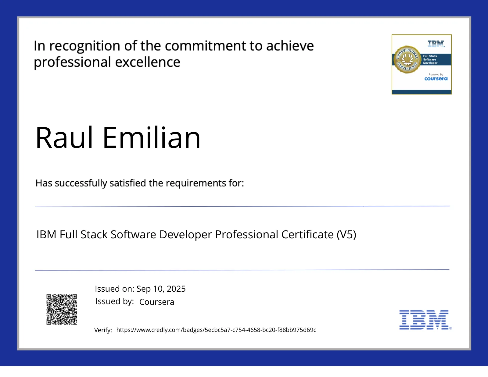 IBM Full Stack Software Developer Professional Certificate (V5) — credly certificate