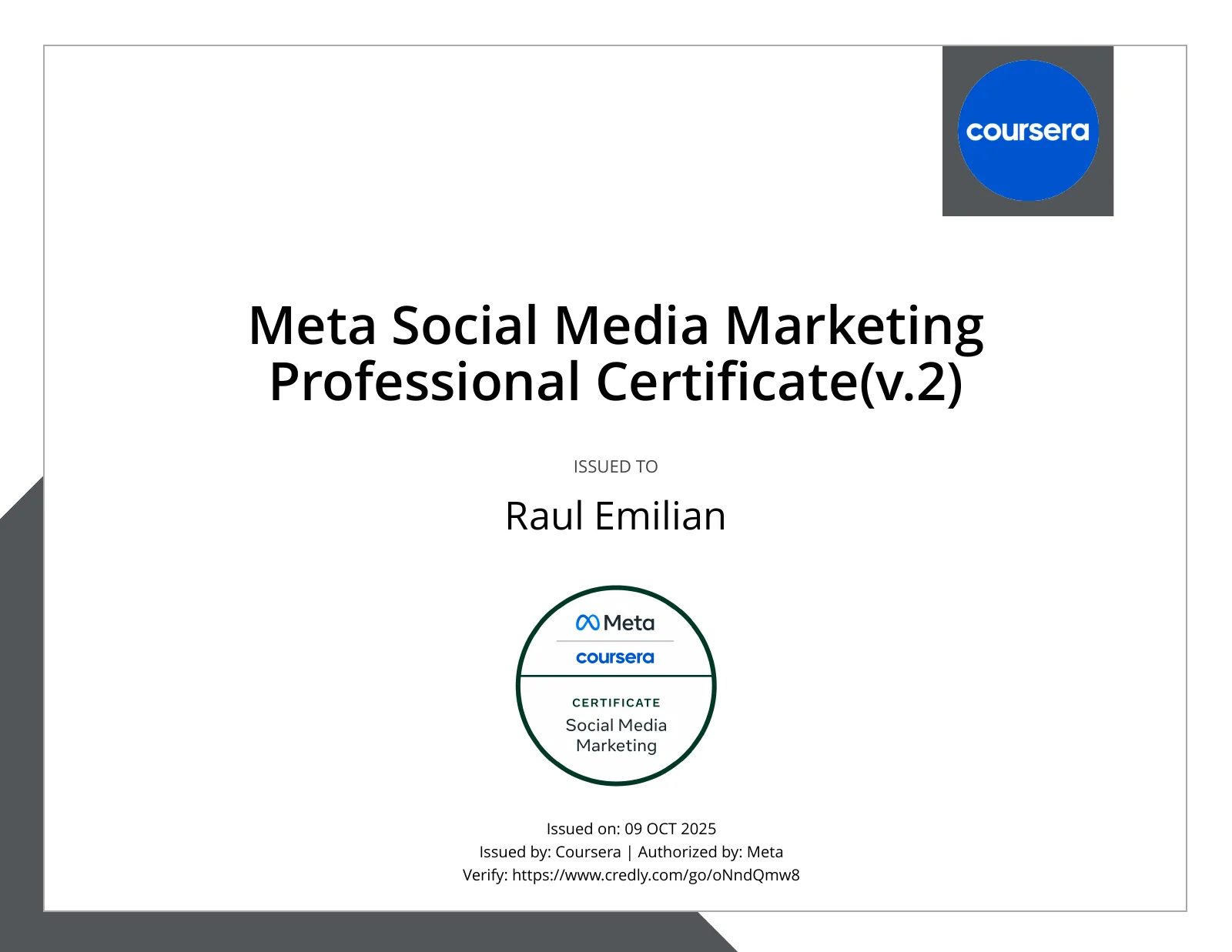 Meta Social Media Marketing Professional Certificate(v.2) — credly certificate