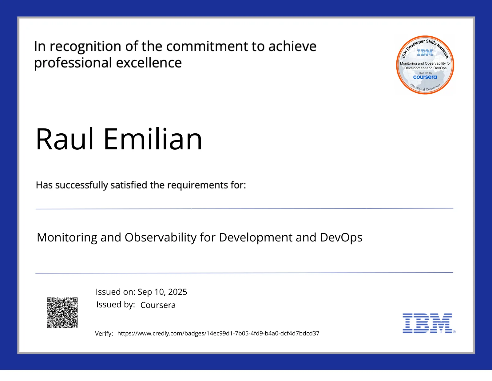 Monitoring and Observability for Development and DevOps — credly certificate