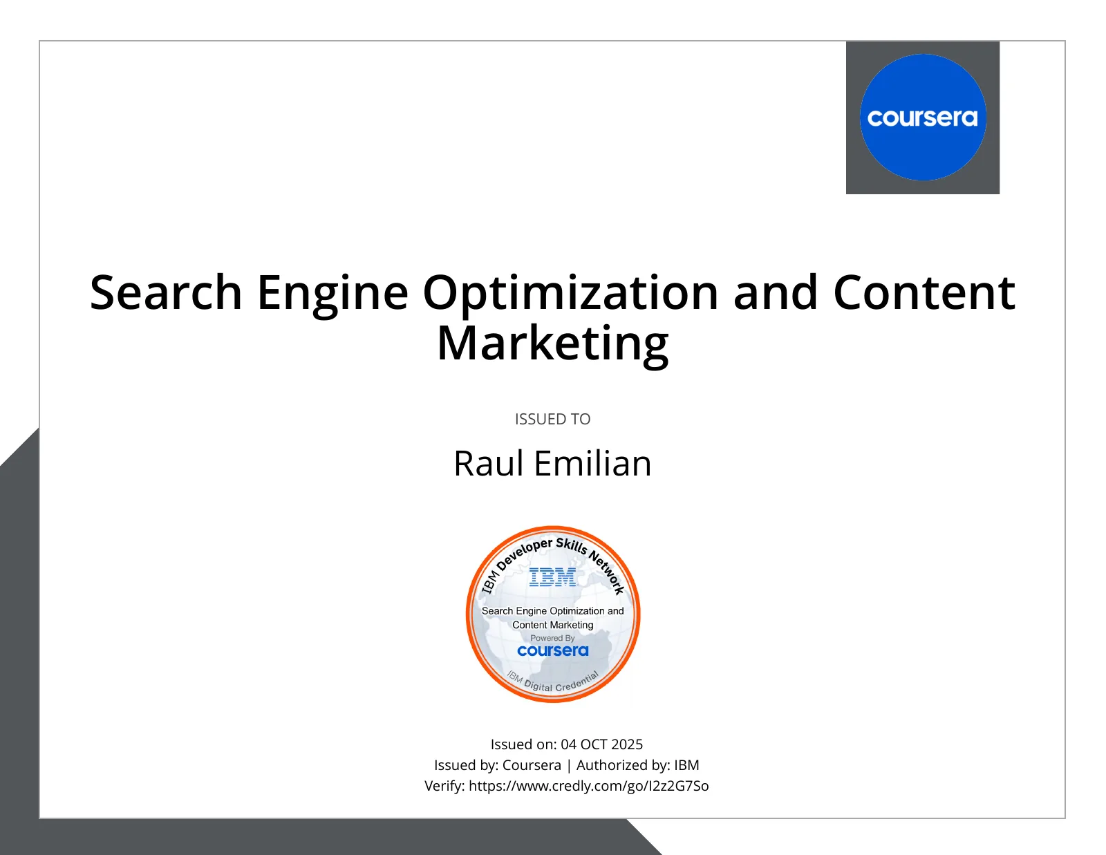 Search Engine Optimization and Content Marketing — credly certificate